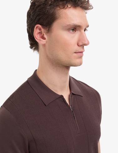 Koyu Kahverengi Slim Fit Polo Yaka Fermuarlı Triko Tişört