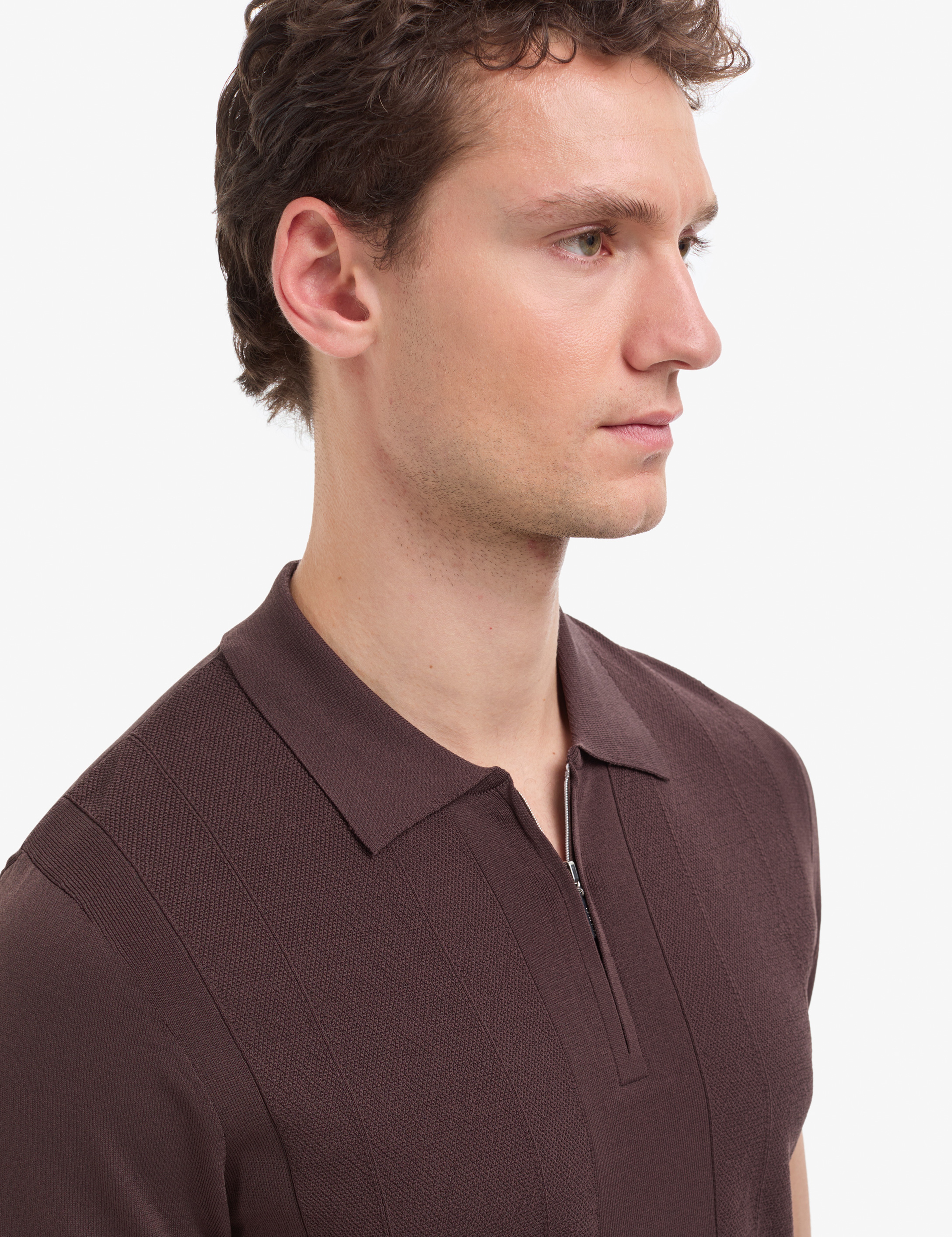 Koyu Kahverengi Slim Fit Polo Yaka Fermuarlı Triko Tişört - Image 2