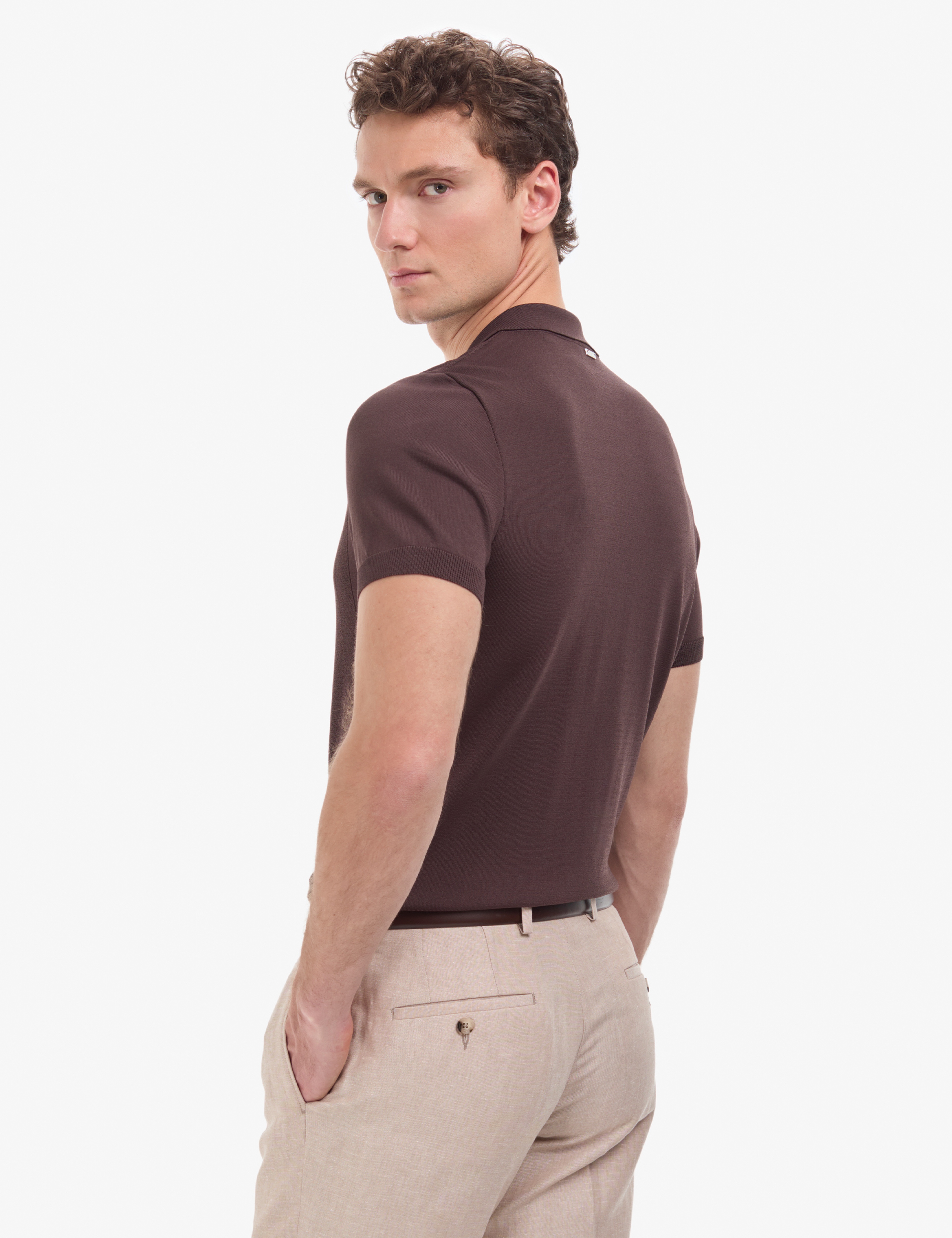 Koyu Kahverengi Slim Fit Polo Yaka Fermuarlı Triko Tişört
