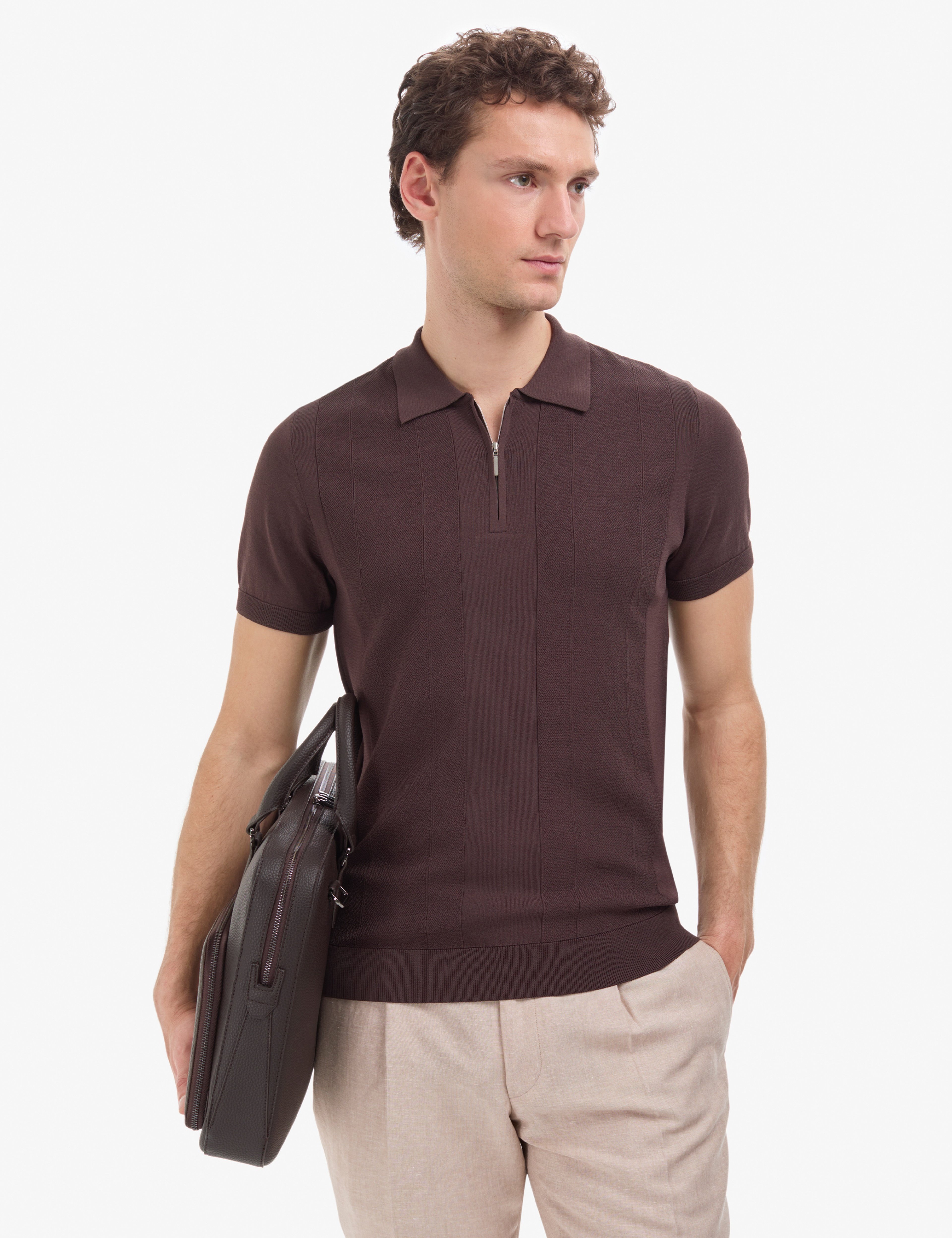 Koyu Kahverengi Slim Fit Polo Yaka Fermuarlı Triko Tişört