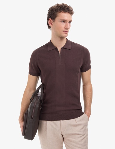 Koyu Kahverengi Slim Fit Polo Yaka Fermuarlı Triko Tişört