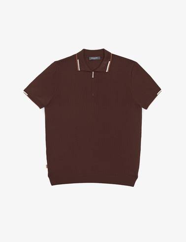 Kahverengi Slim Fit Polo Yaka Fermuarlı Triko Tişört