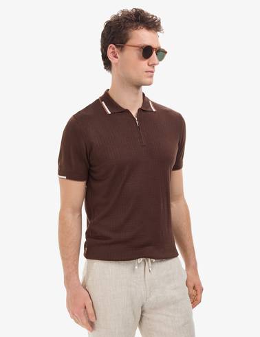 Kahverengi Slim Fit Polo Yaka Fermuarlı Triko Tişört