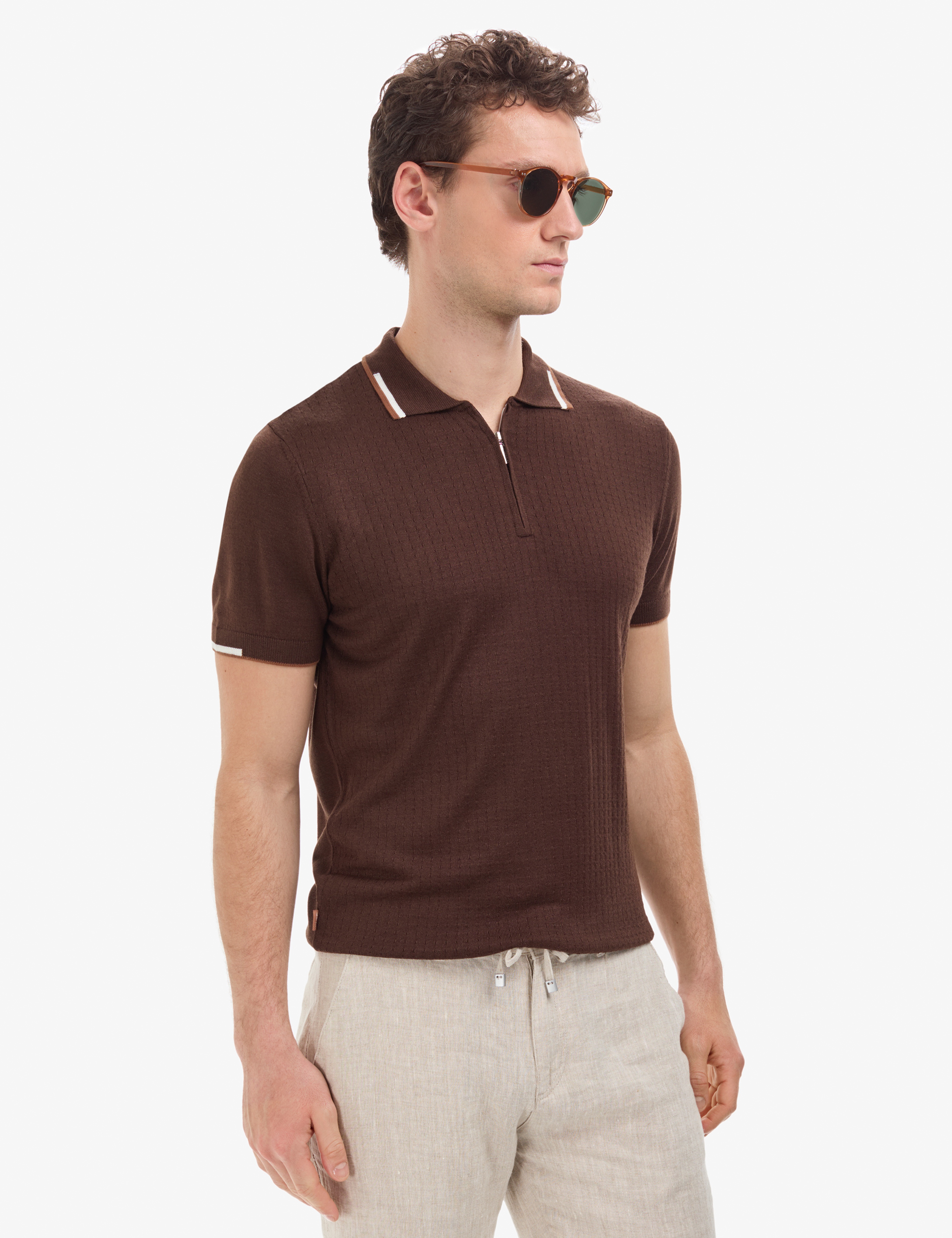 Kahverengi Slim Fit Polo Yaka Fermuarlı Triko Tişört - Image 3