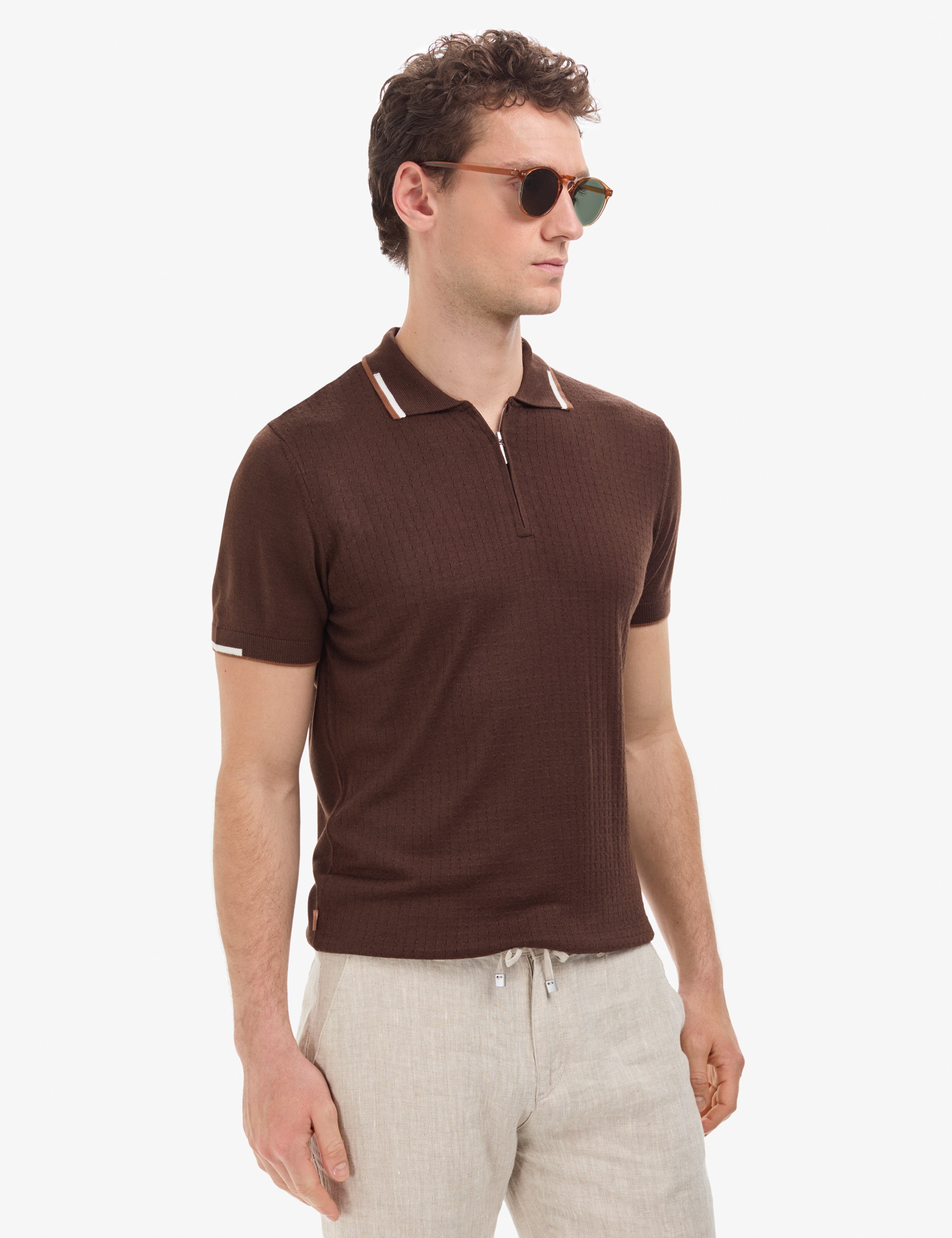 Kahverengi Slim Fit Polo Yaka Fermuarlı Triko Tişört
