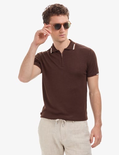 Kahverengi Slim Fit Polo Yaka Fermuarlı Triko Tişört