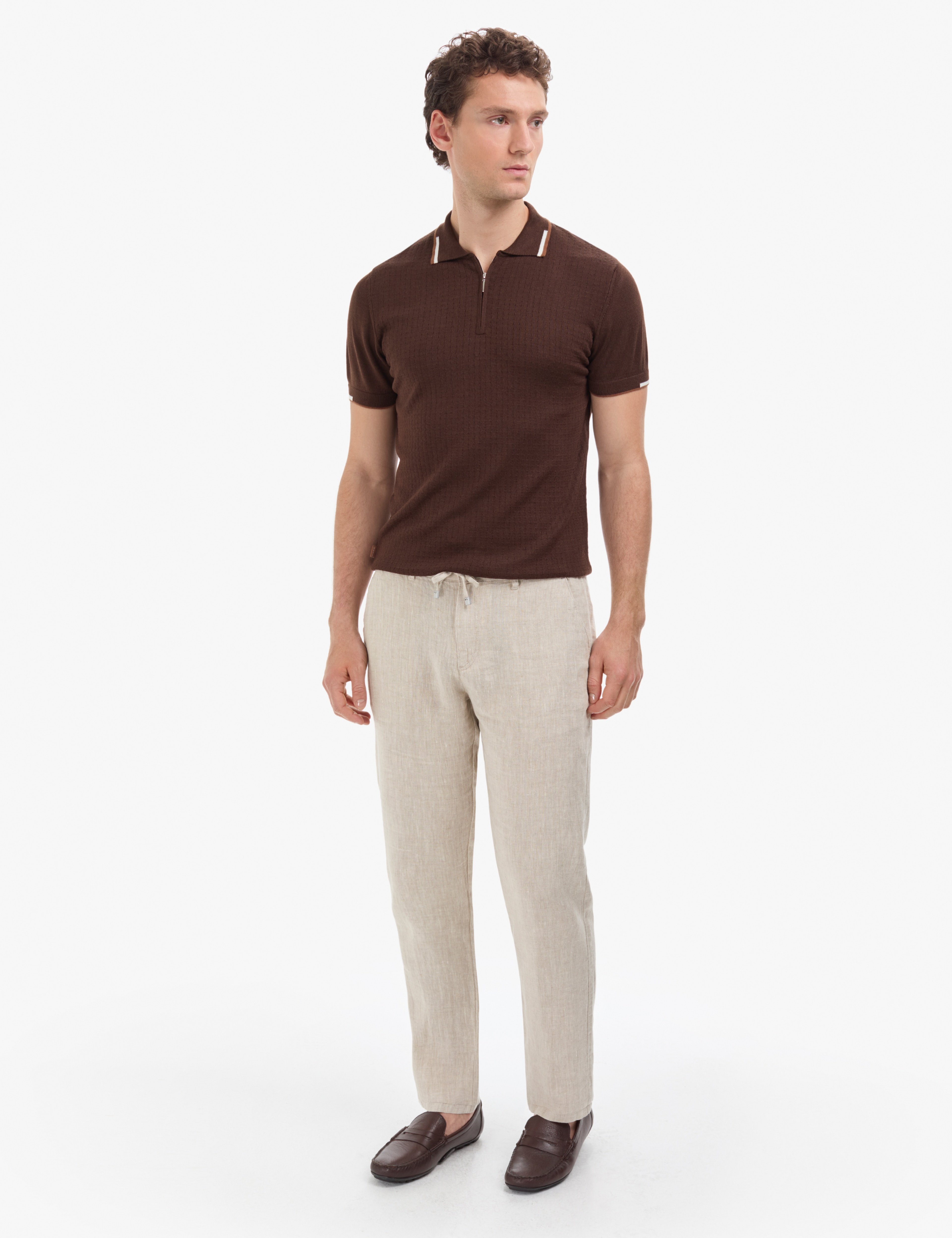 Kahverengi Slim Fit Polo Yaka Fermuarlı Triko Tişört