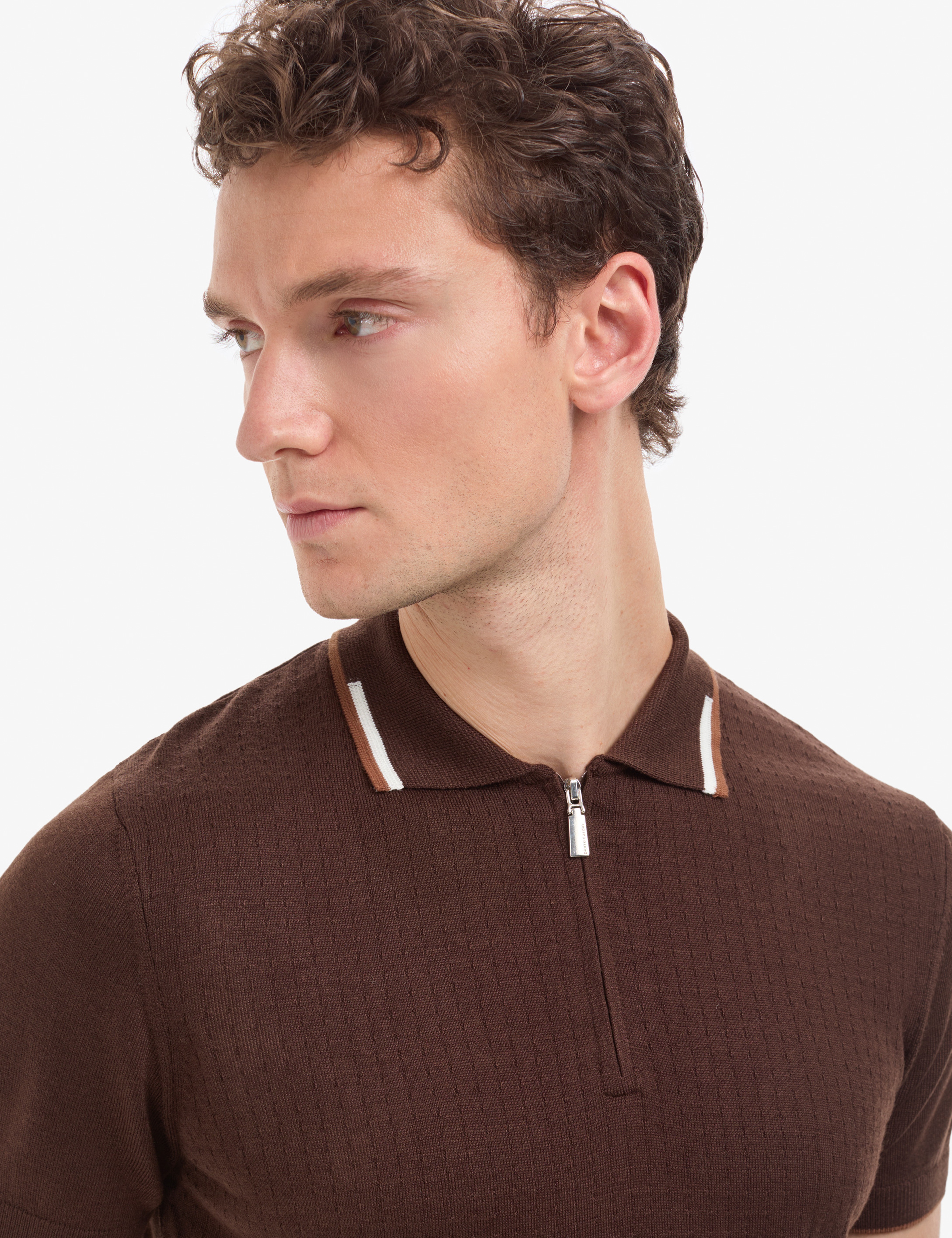 Kahverengi Slim Fit Polo Yaka Fermuarlı Triko Tişört - Image 2