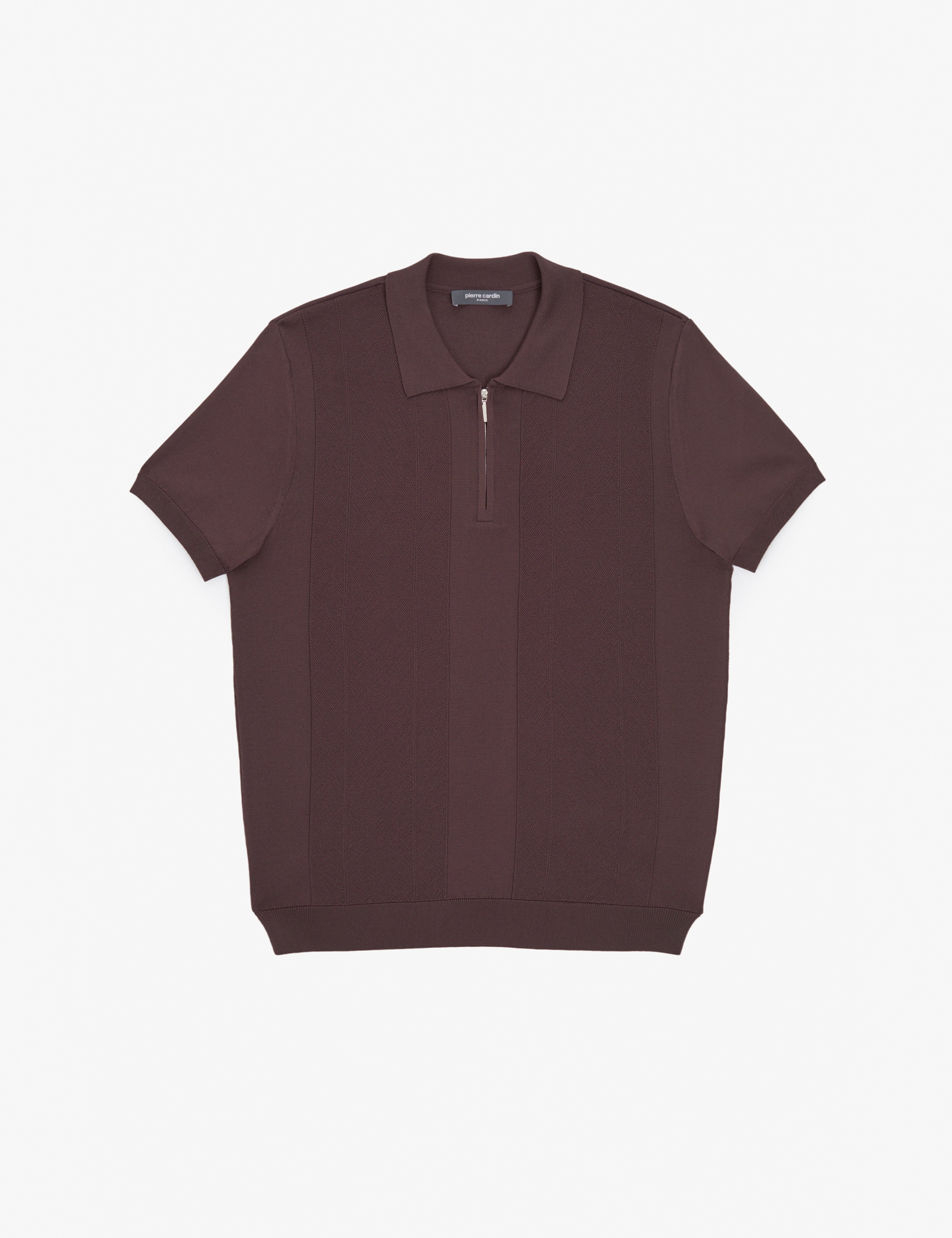 Koyu Kahverengi Slim Fit Polo Yaka Fermuarlı Triko Tişört - Image 6