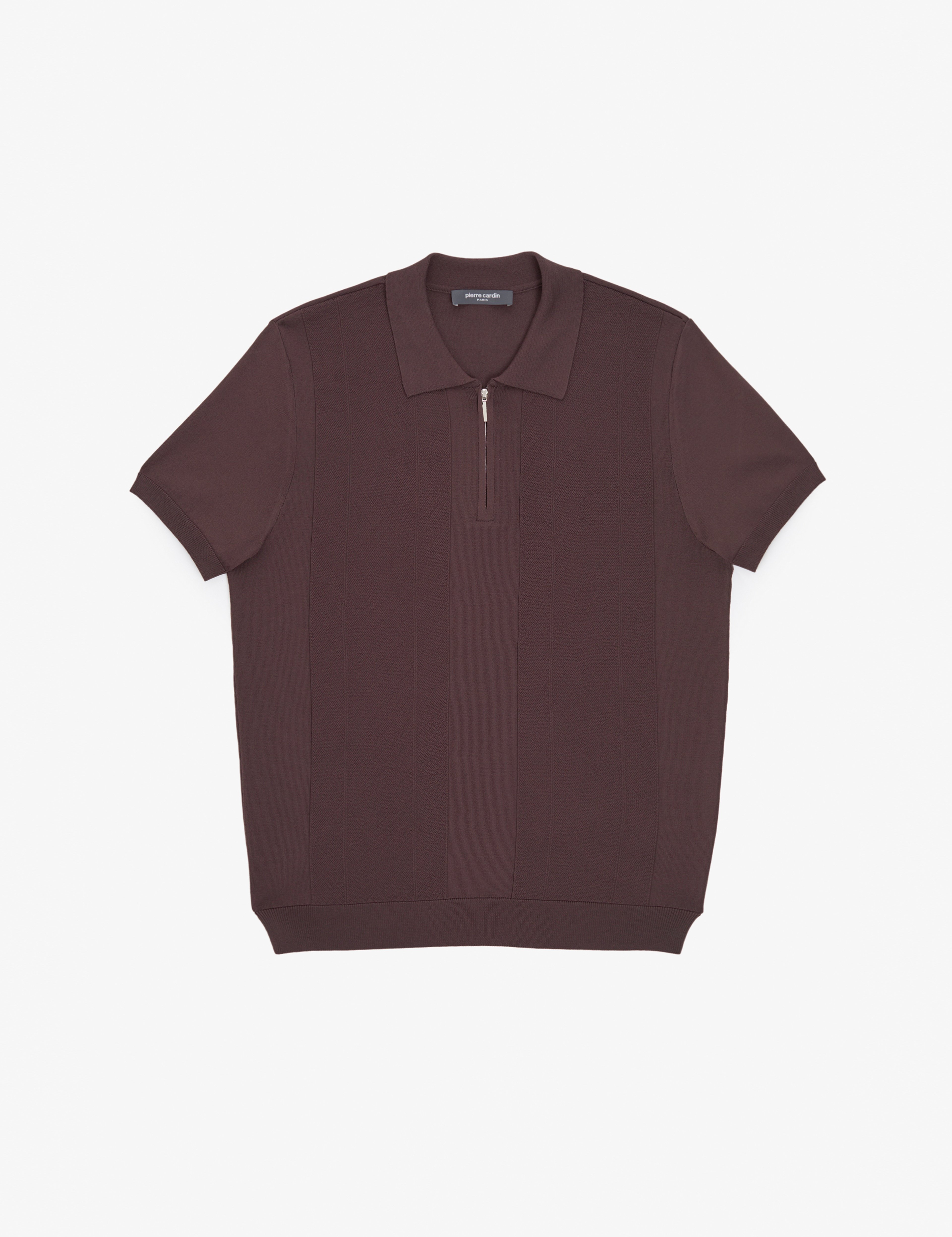 Koyu Kahverengi Slim Fit Polo Yaka Fermuarlı Triko Tişört