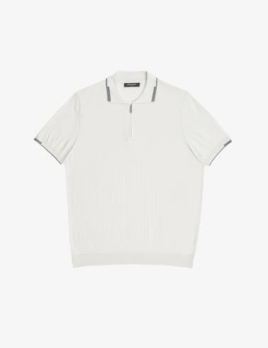Ekru Slim Fit Polo Yaka Fermuarlı Triko Tişört