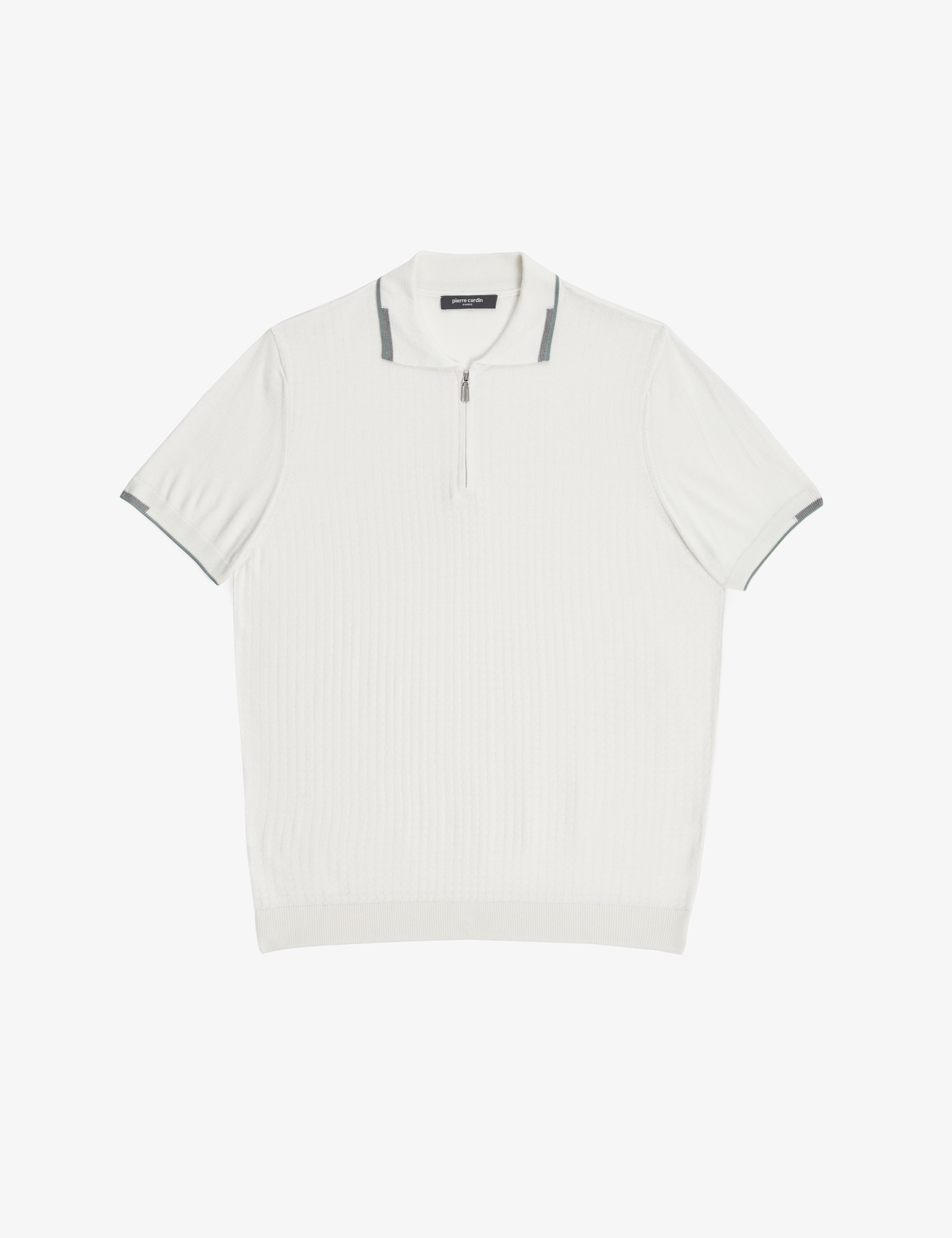 Ekru Slim Fit Polo Yaka Fermuarlı Triko Tişört