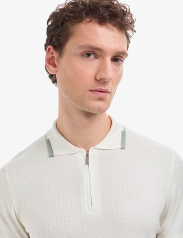 Ekru Slim Fit Polo Yaka Fermuarlı Triko Tişört