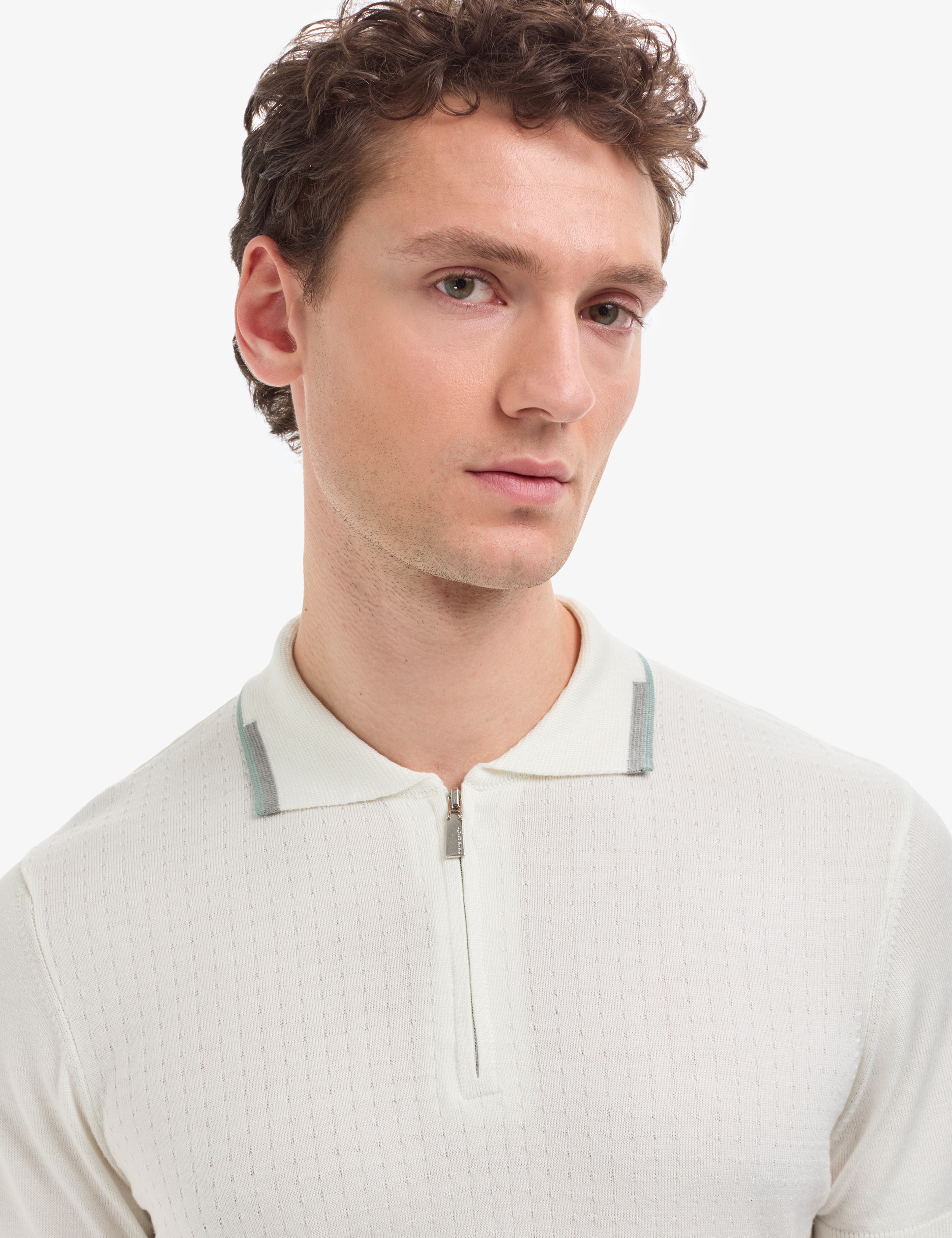 Ekru Slim Fit Polo Yaka Fermuarlı Triko Tişört