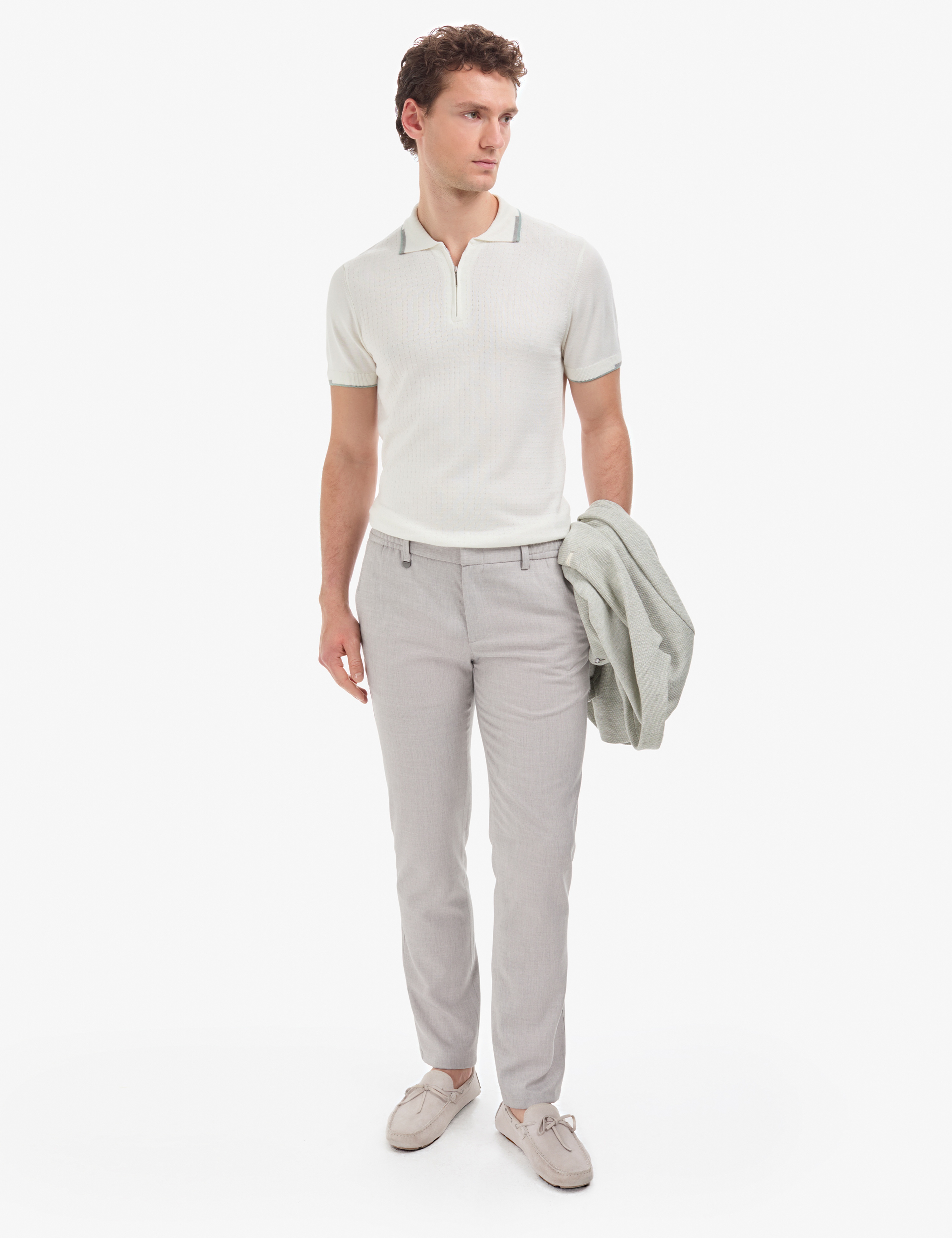 Ekru Slim Fit Polo Yaka Fermuarlı Triko Tişört