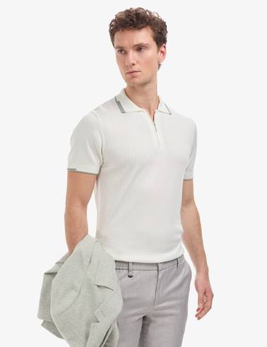 Ekru Slim Fit Polo Yaka Fermuarlı Triko Tişört