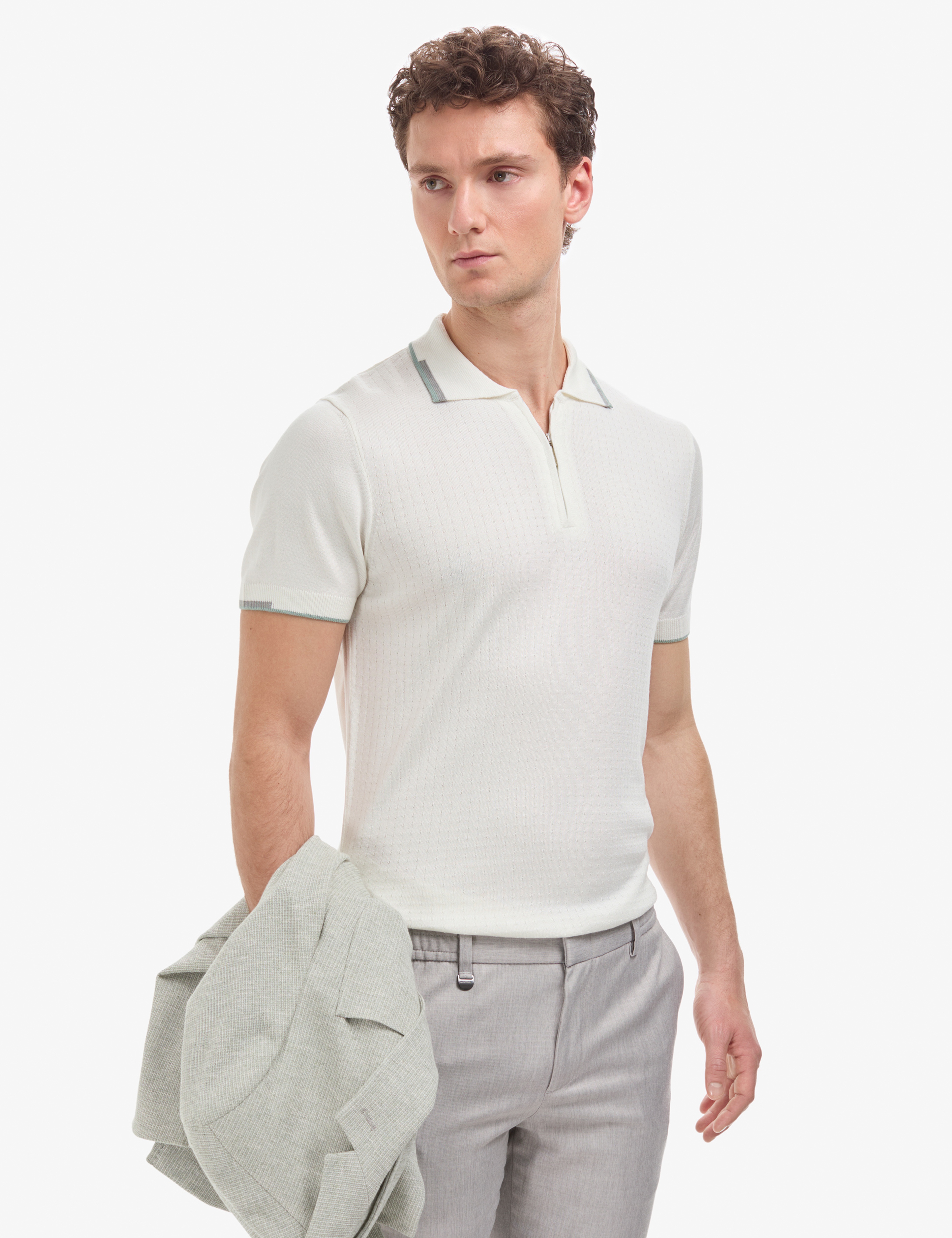 Ekru Slim Fit Polo Yaka Fermuarlı Triko Tişört - Image 3