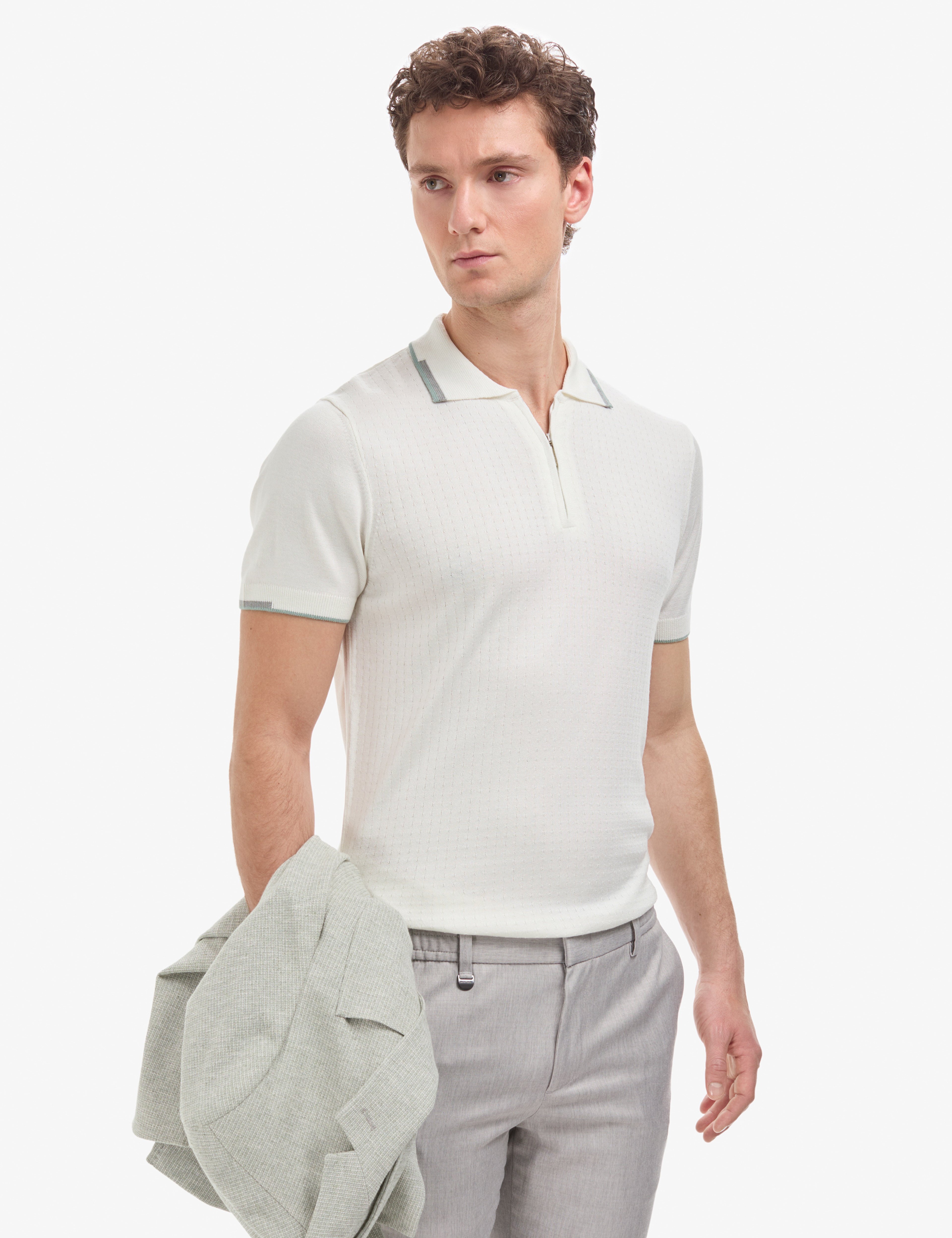 Ekru Slim Fit Polo Yaka Fermuarlı Triko Tişört