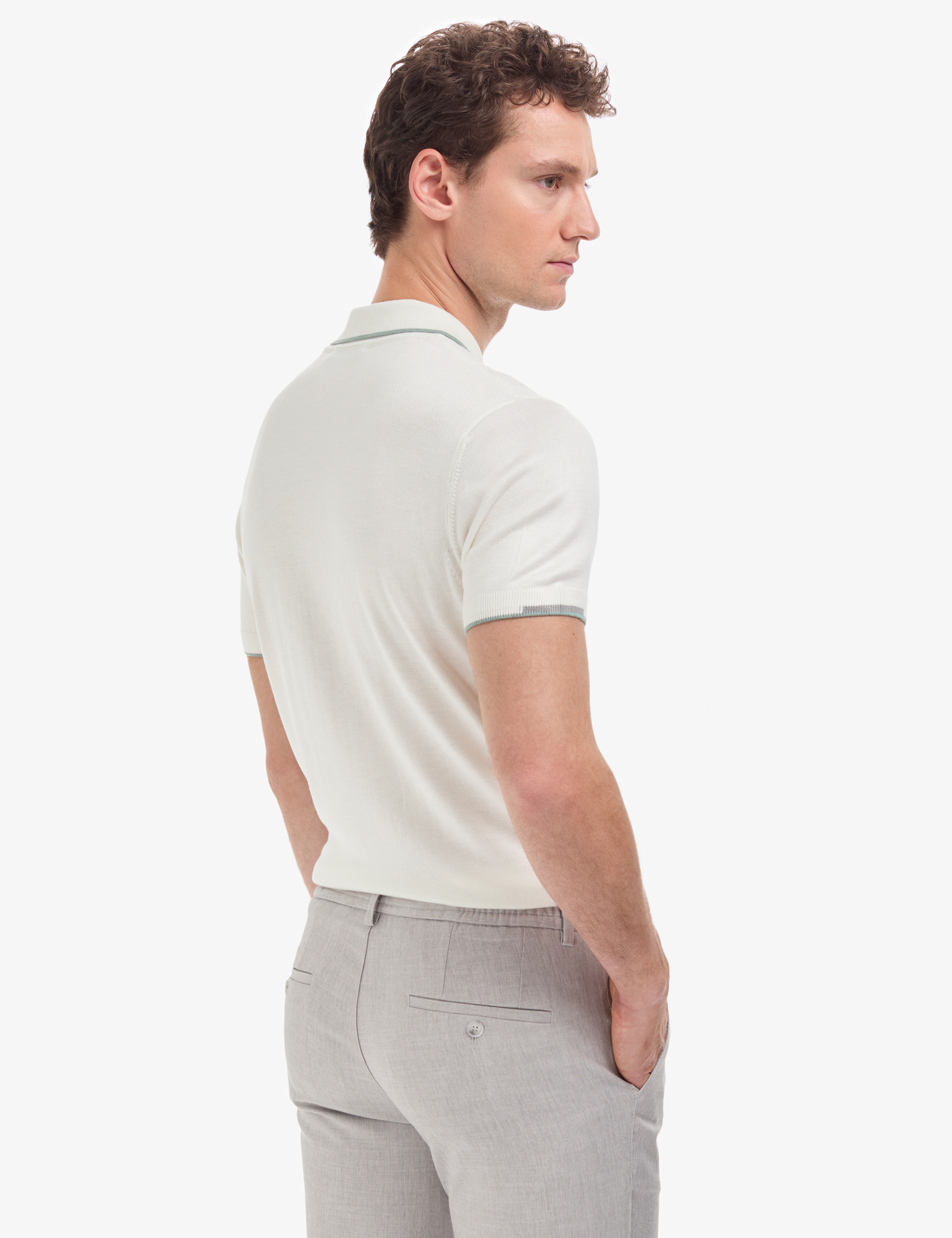 Ekru Slim Fit Polo Yaka Fermuarlı Triko Tişört