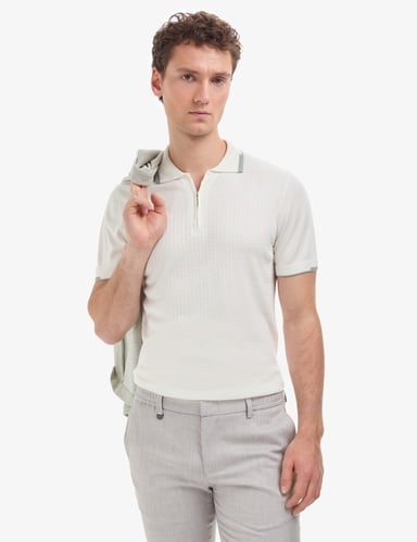 Ekru Slim Fit Polo Yaka Fermuarlı Triko Tişört