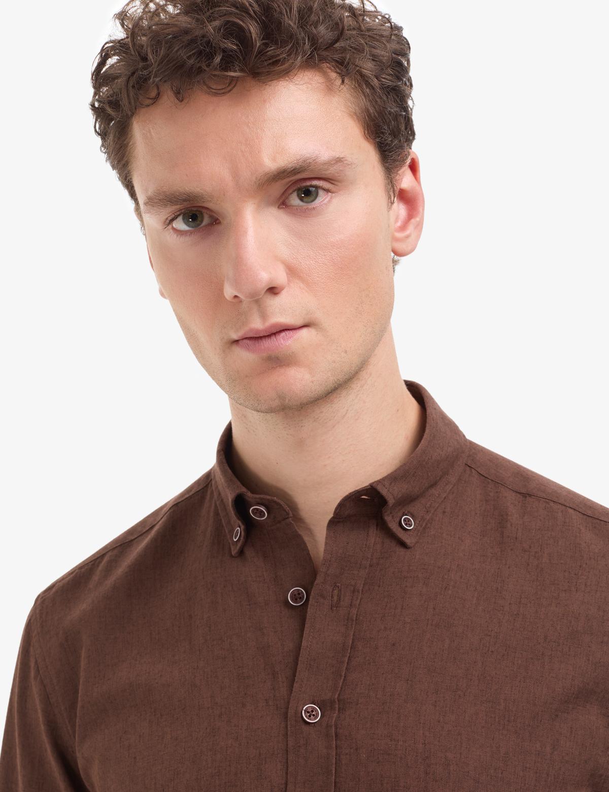 Koyu Kahverengi Regular Fit Uzun Kollu Gömlek - 50320941079