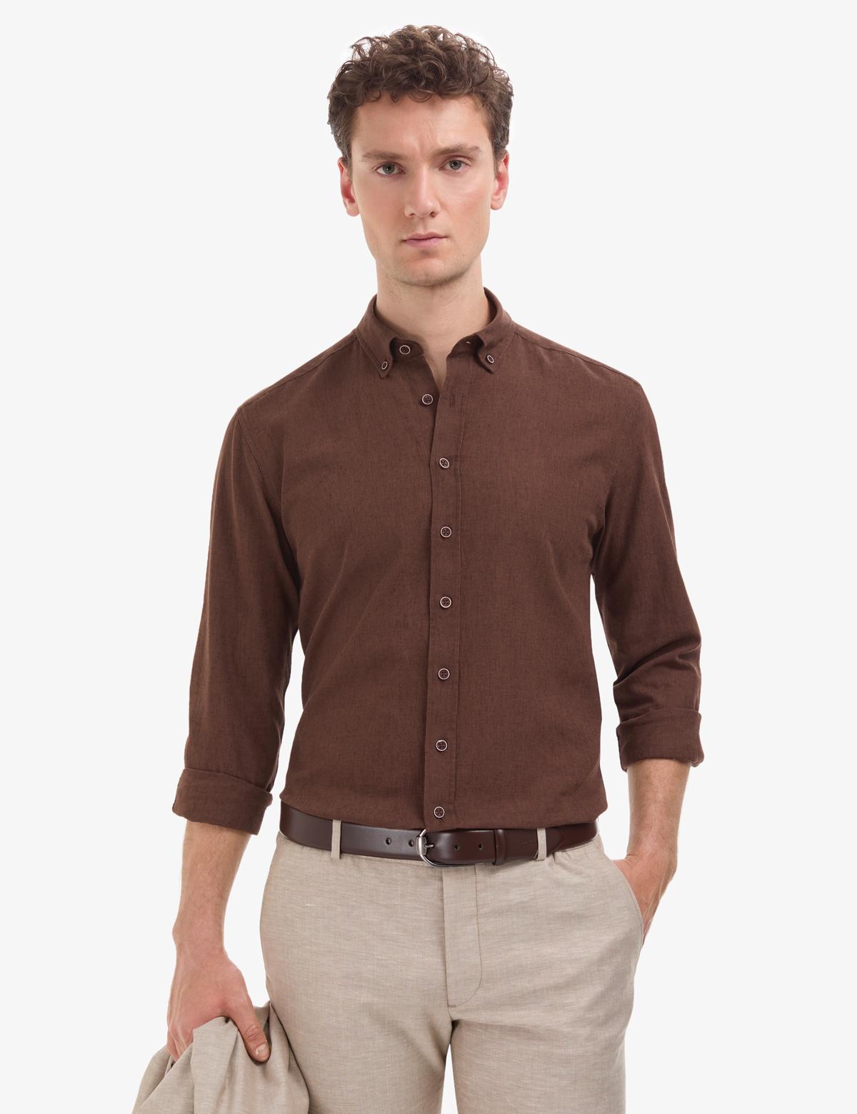 Koyu Kahverengi Regular Fit Uzun Kollu Gömlek