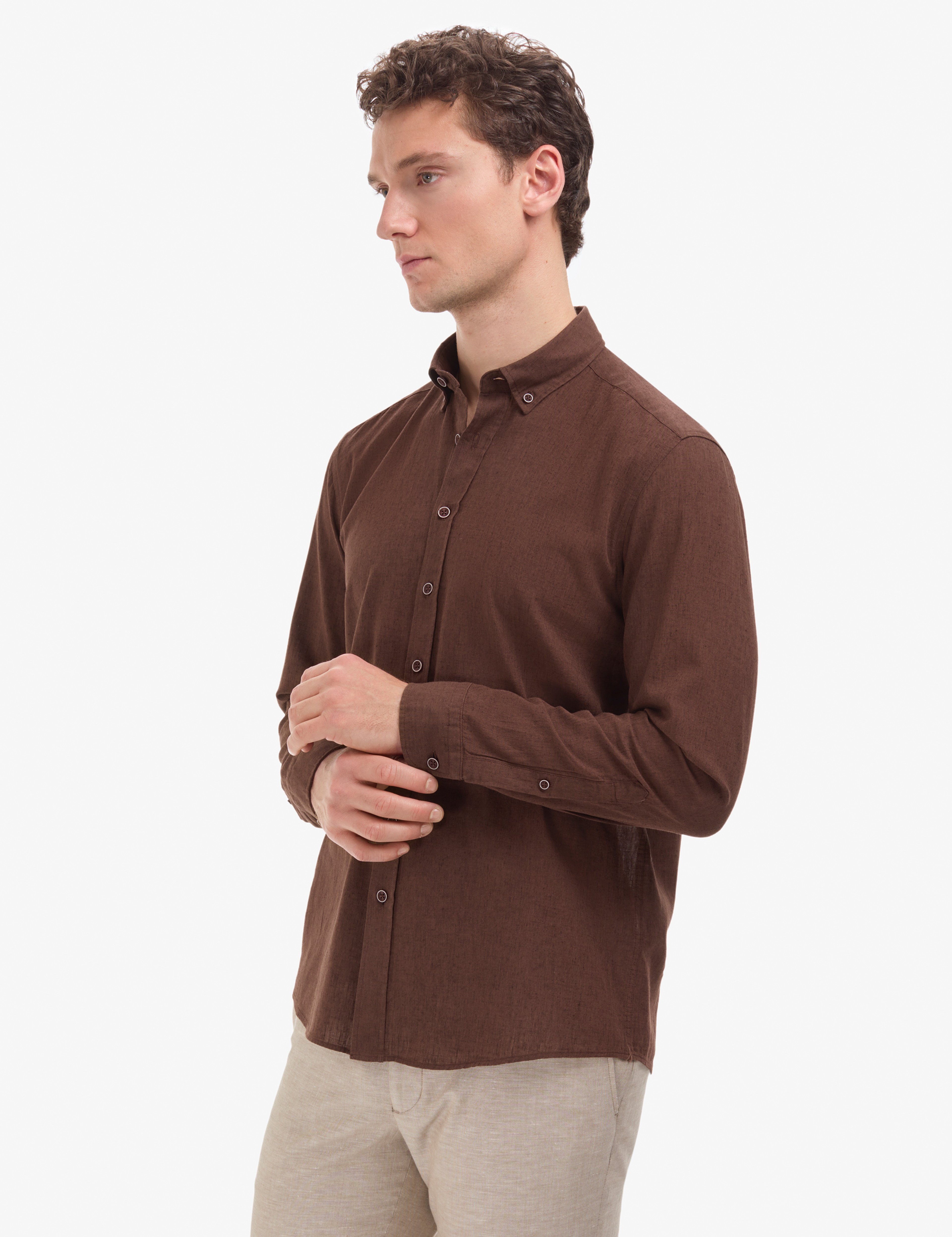 Kahverengi Keten Karışımlı Regular Fit Uzun Kollu Gömlek - Image 3