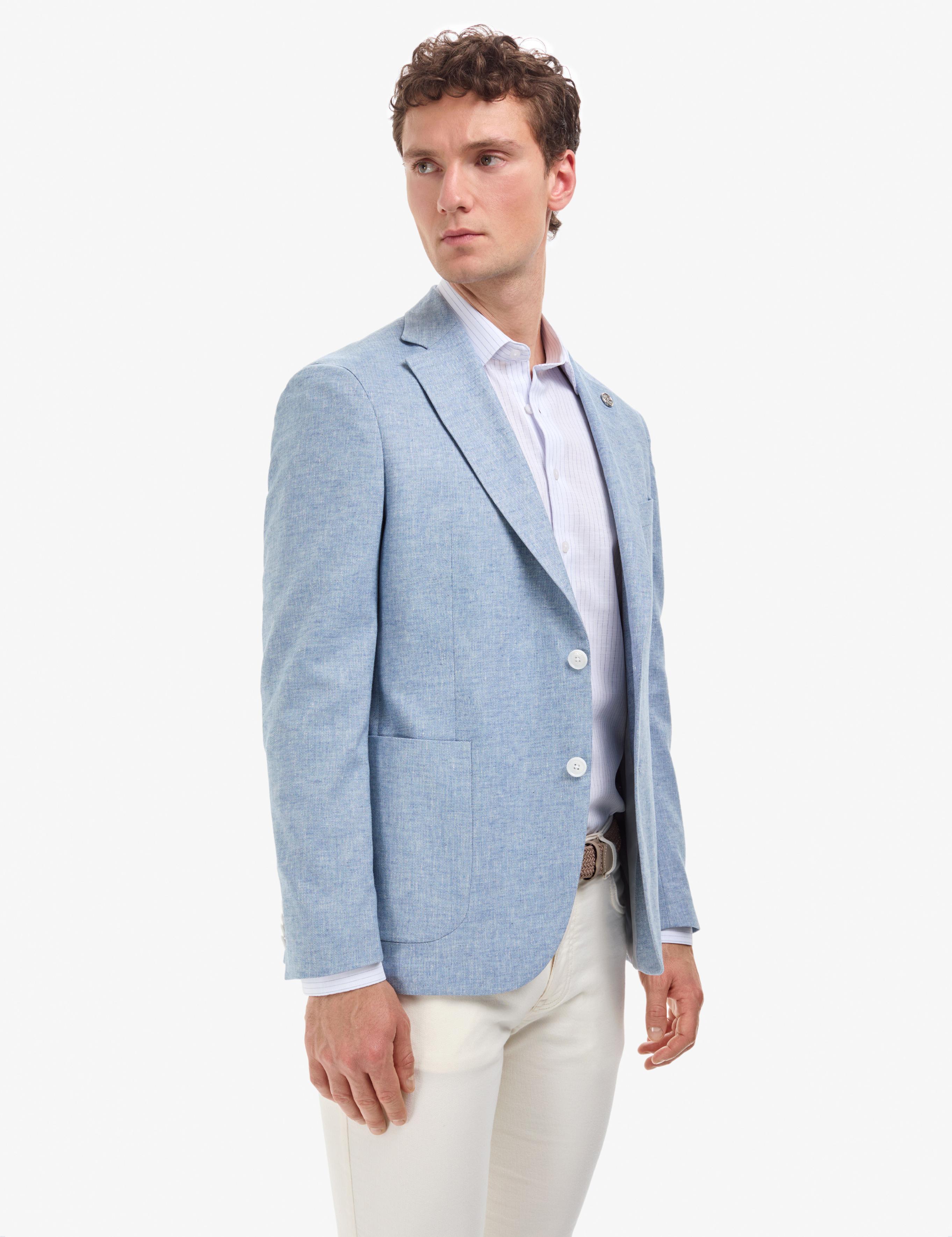 Açık Mavi Slim Fit Keten Karışımlı Ceket
