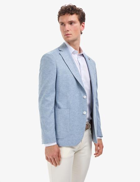 Açık Mavi Slim Fit Keten Karışımlı Ceket - 50319613059