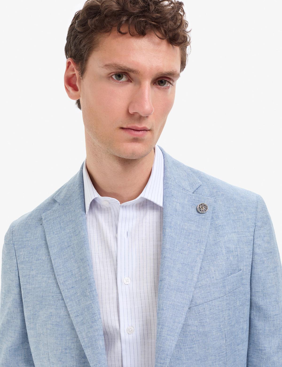 Açık Mavi Slim Fit Keten Karışımlı Ceket - 50319613059