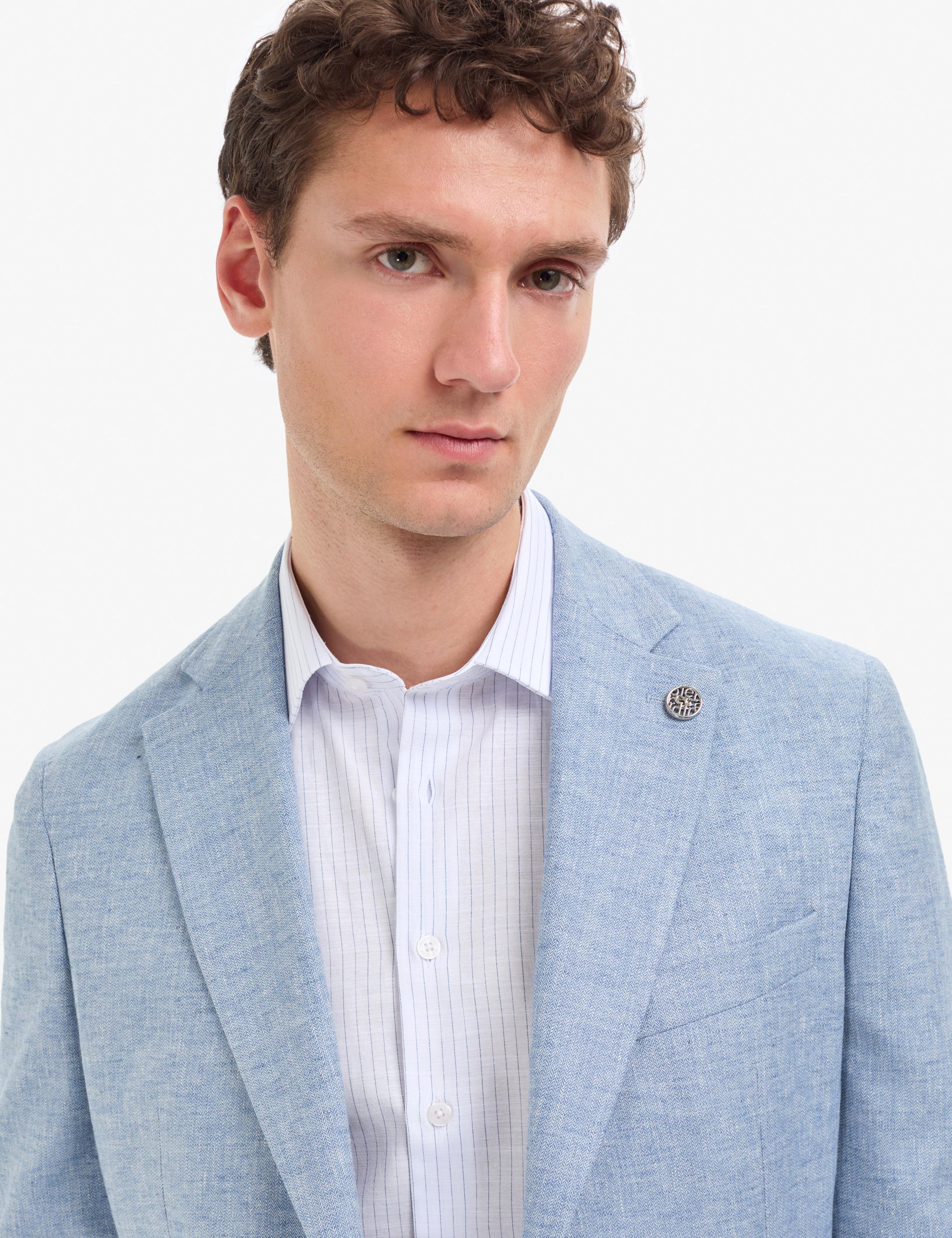 Açık Mavi Slim Fit Keten Karışımlı Ceket