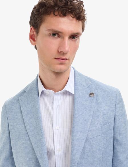 Açık Mavi Slim Fit Keten Karışımlı Ceket - 50319613059