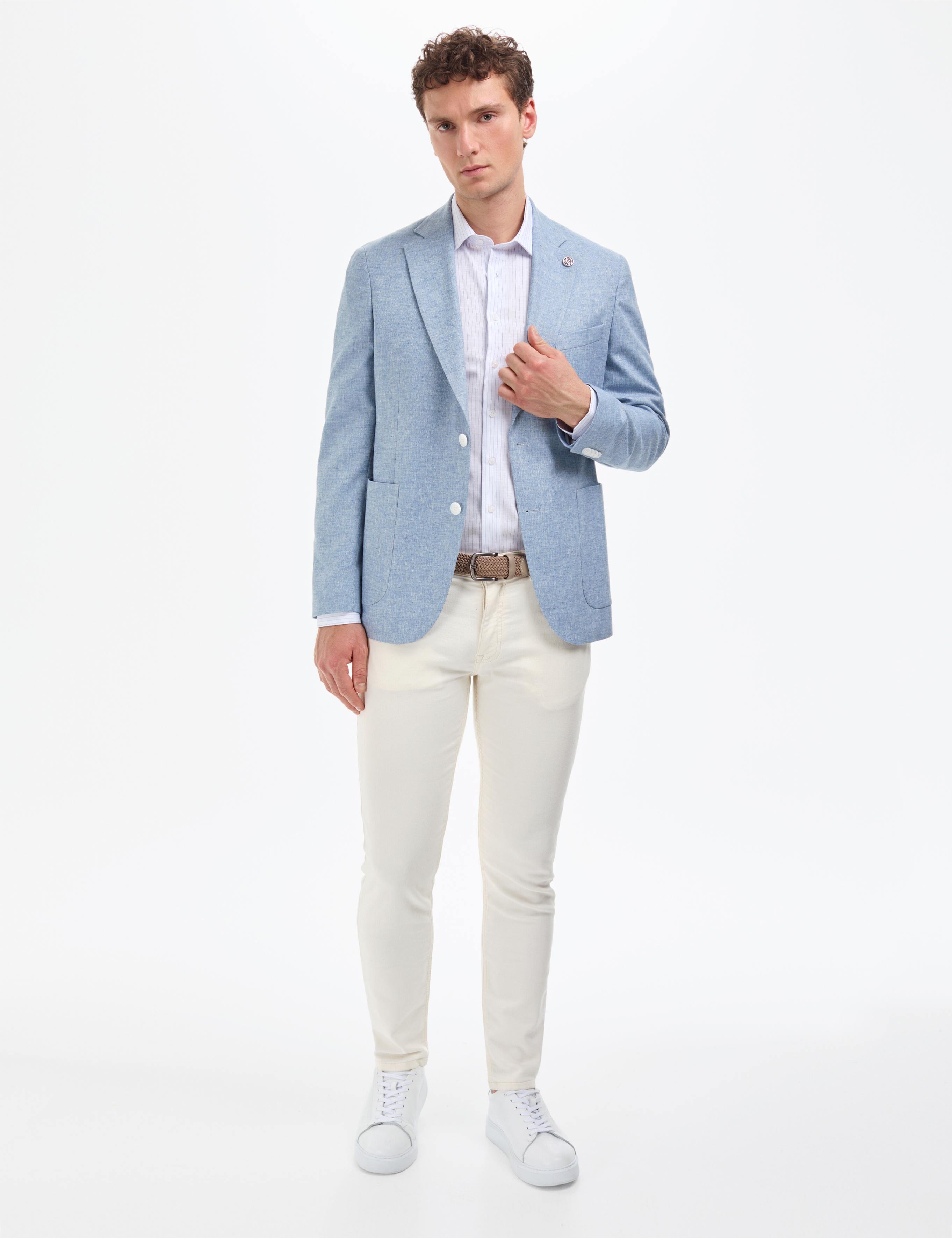 Açık Mavi Slim Fit Keten Karışımlı Ceket