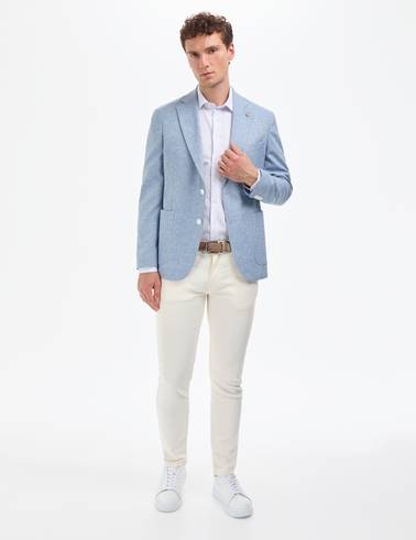Açık Mavi Slim Fit Keten Karışımlı Ceket