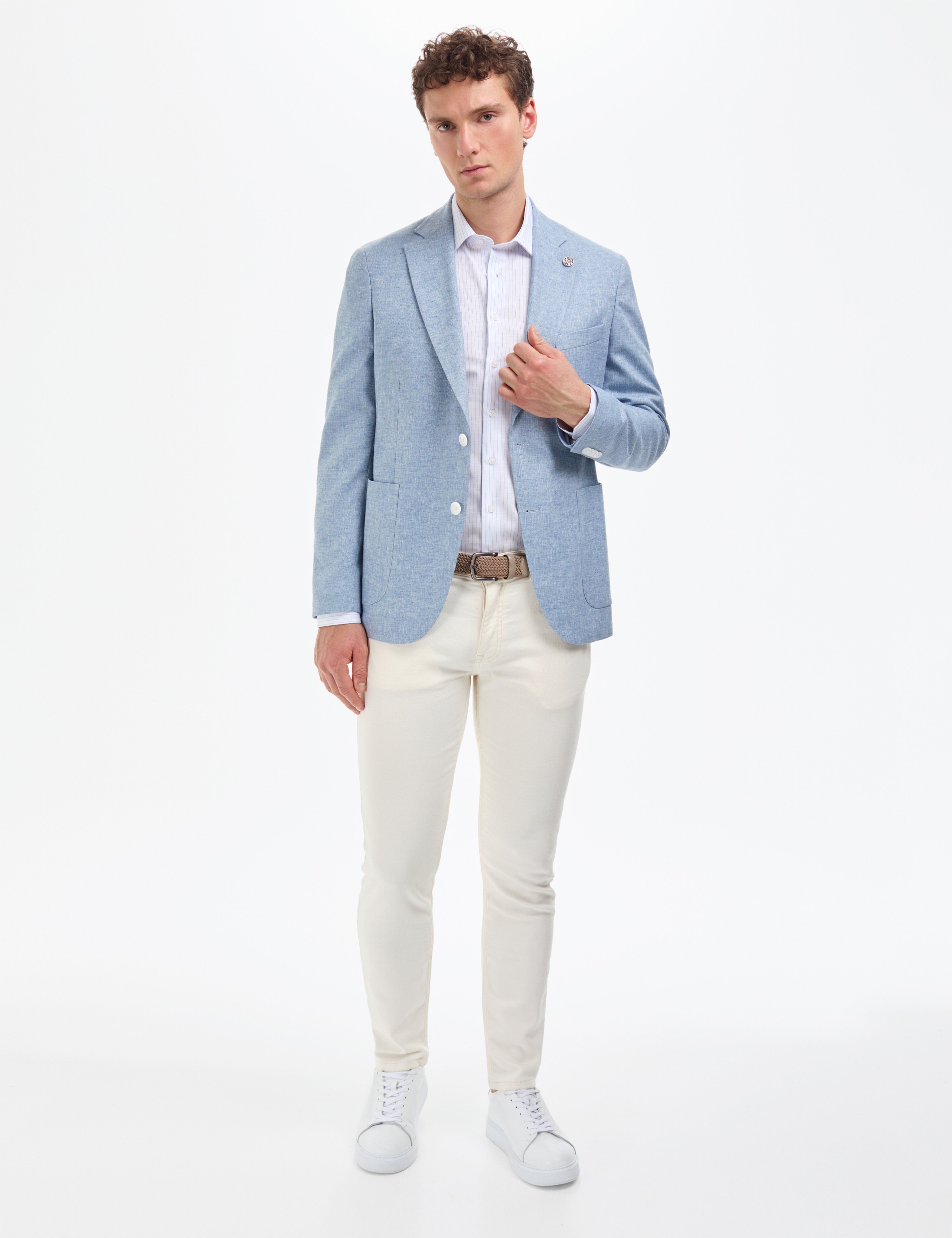 Açık Mavi Slim Fit Keten Karışımlı Ceket
