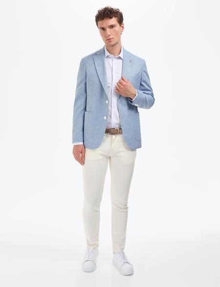 Açık Mavi Slim Fit Keten Karışımlı Ceket - 50319613059