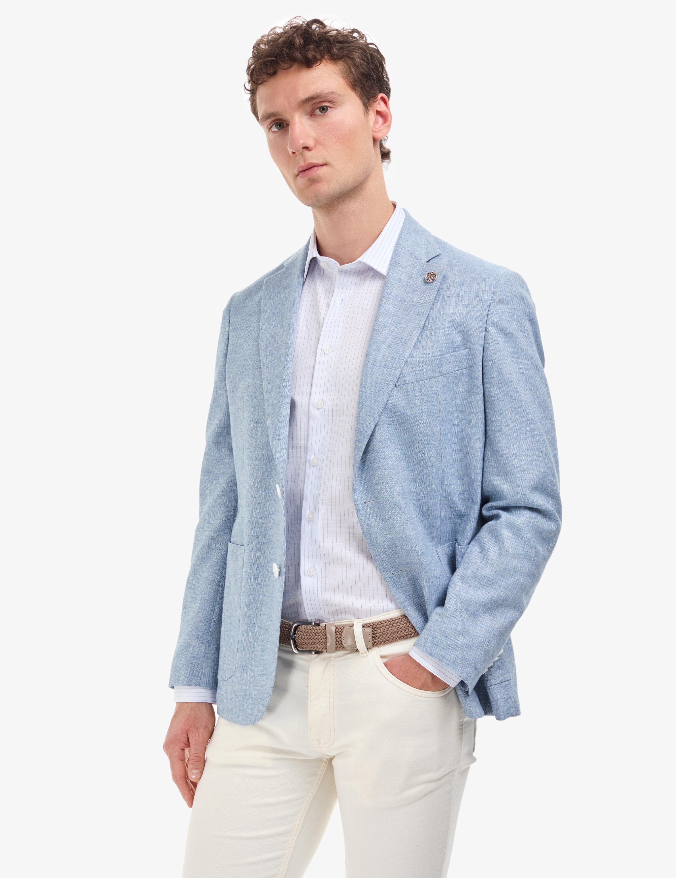 Açık Mavi Slim Fit Keten Karışımlı Ceket