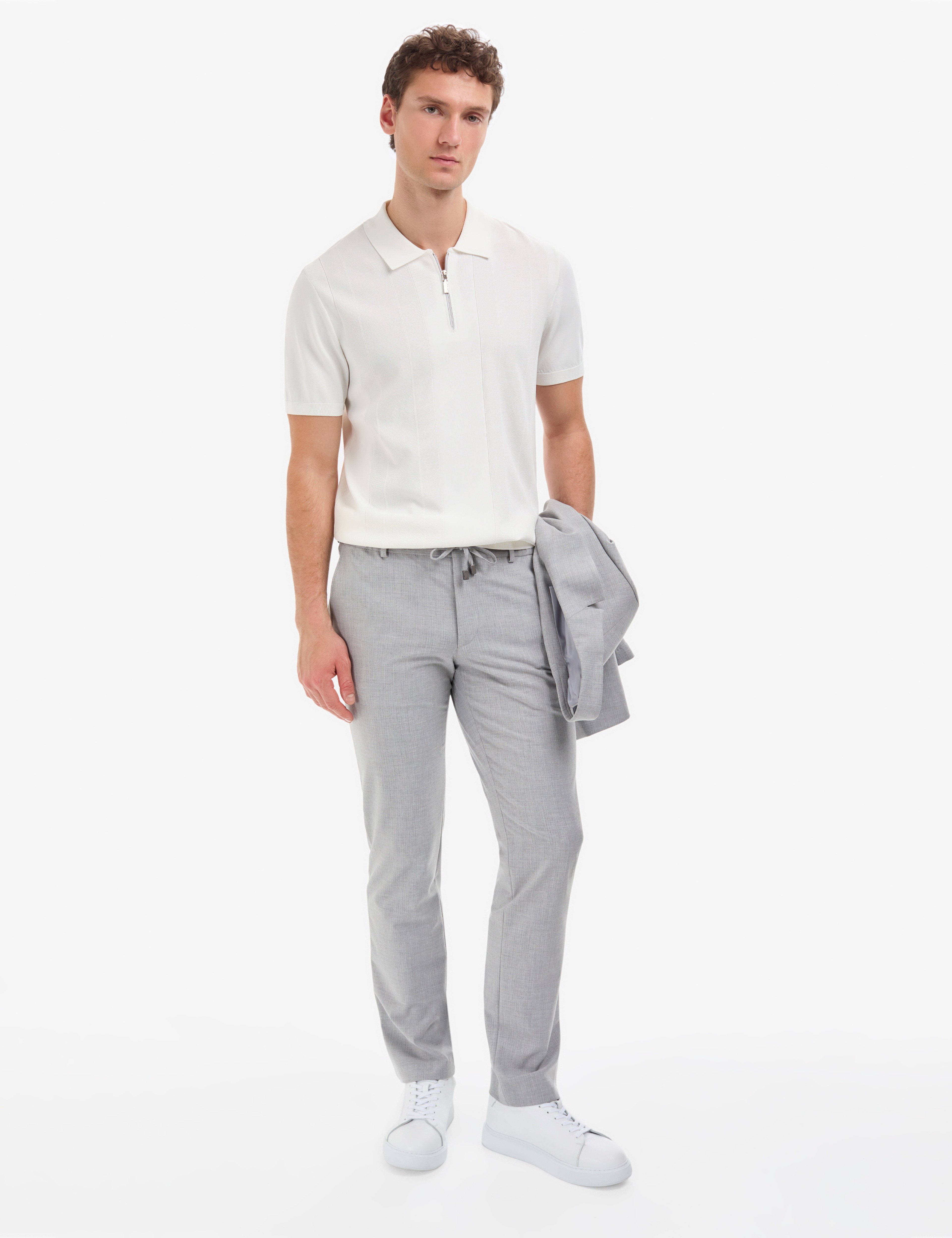 Ekru Slim Fit Polo Yaka Fermuarlı Triko Tişört