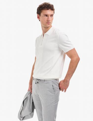 Ekru Slim Fit Polo Yaka Fermuarlı Triko Tişört