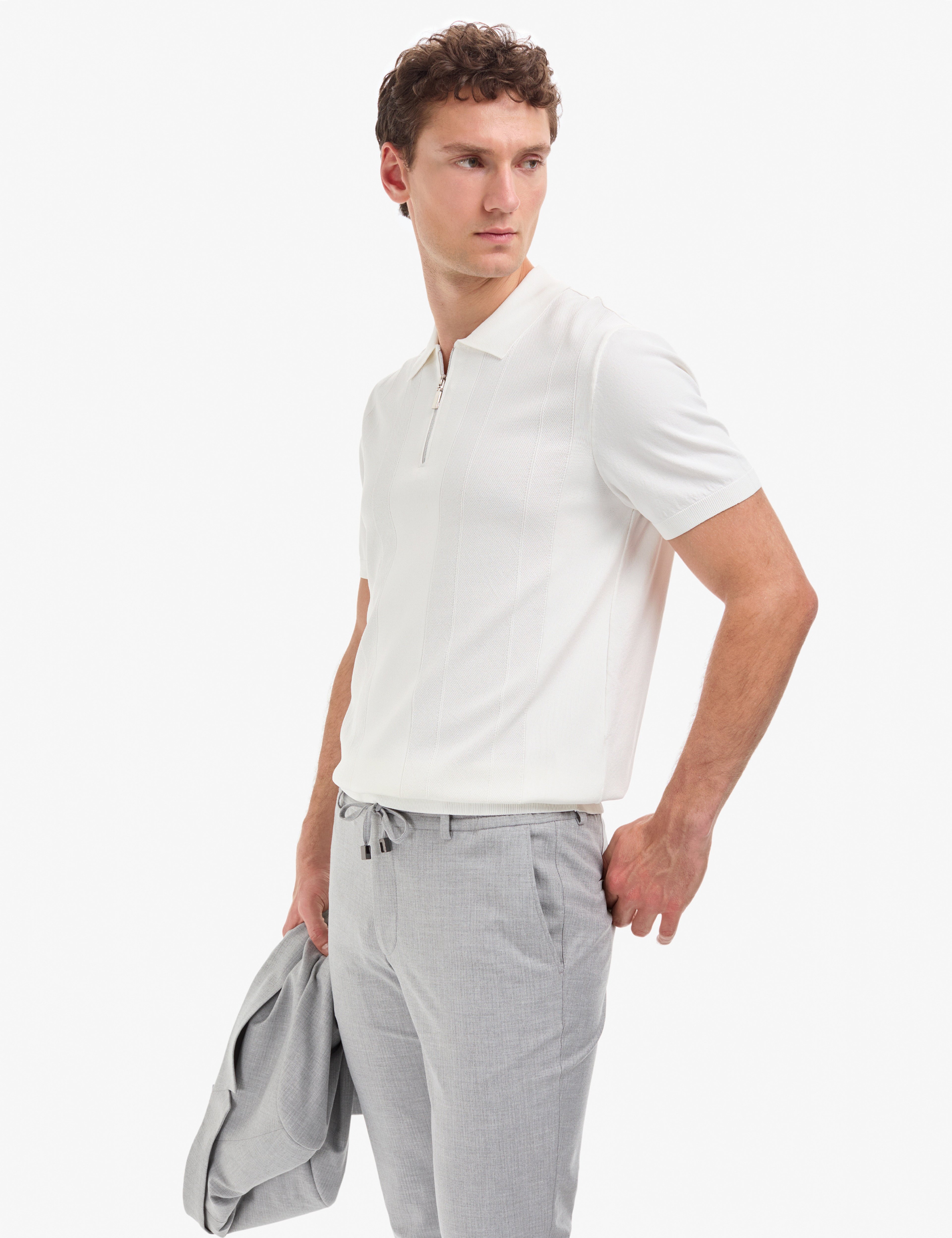 Ekru Slim Fit Polo Yaka Fermuarlı Triko Tişört