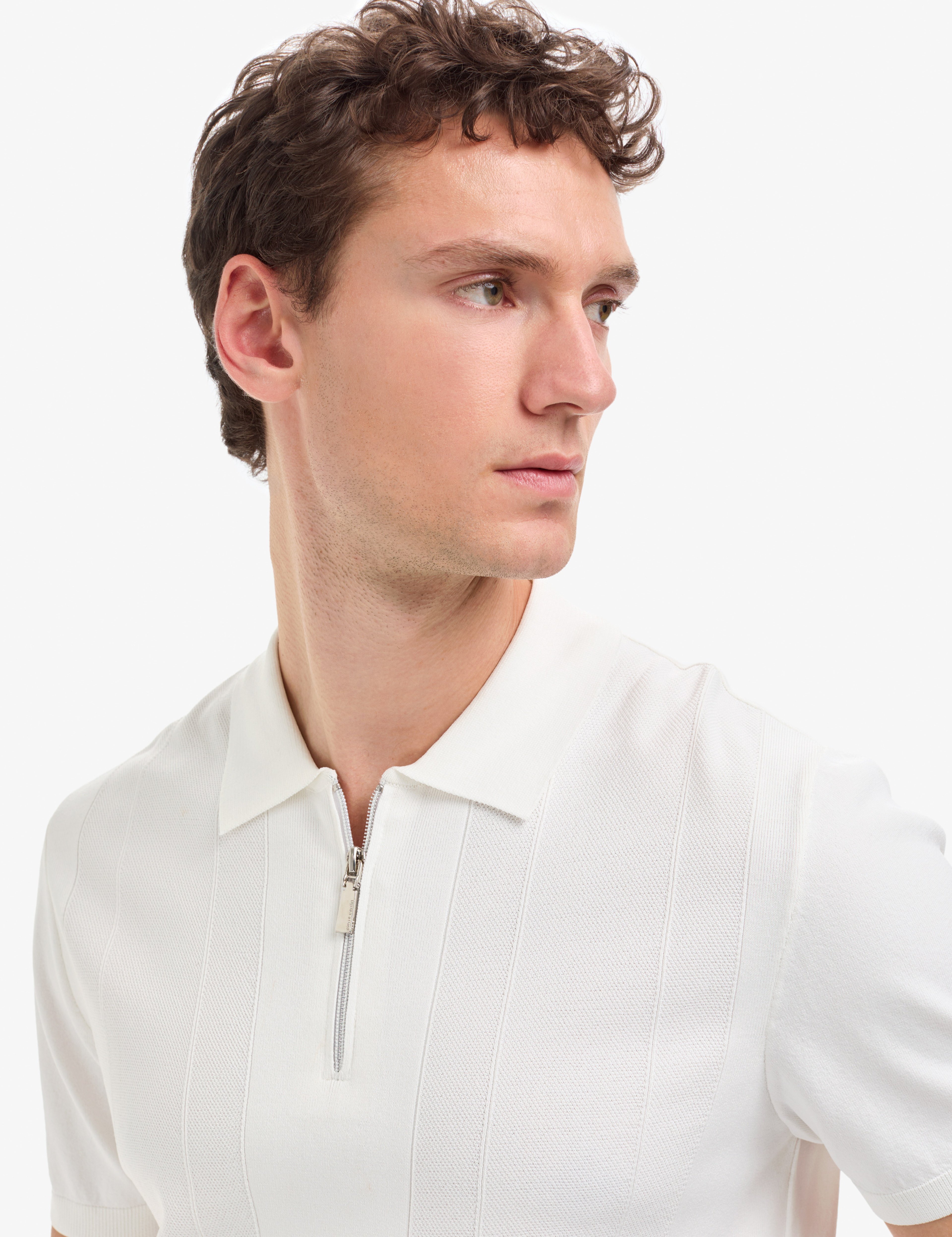 Ekru Slim Fit Polo Yaka Fermuarlı Triko Tişört - Image 2