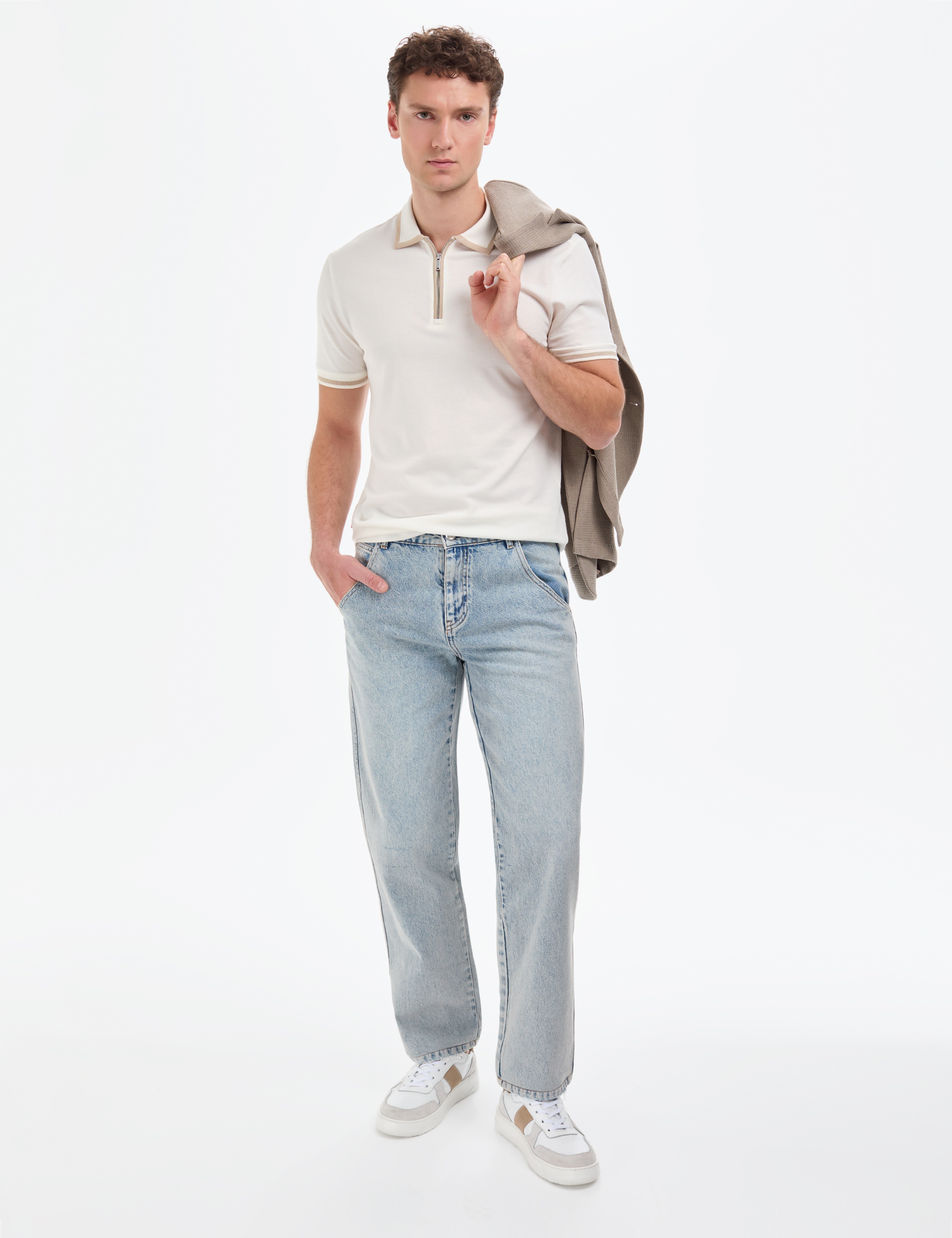 Ekru Slim Fit %100 Pamuk Fermuarlı Polo Yaka Tişört