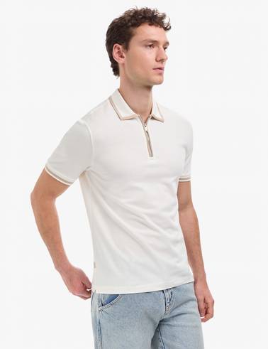 Ekru Slim Fit %100 Pamuk Fermuarlı Polo Yaka Tişört