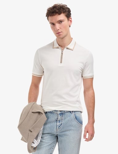 Ekru Slim Fit %100 Pamuk Fermuarlı Polo Yaka Tişört