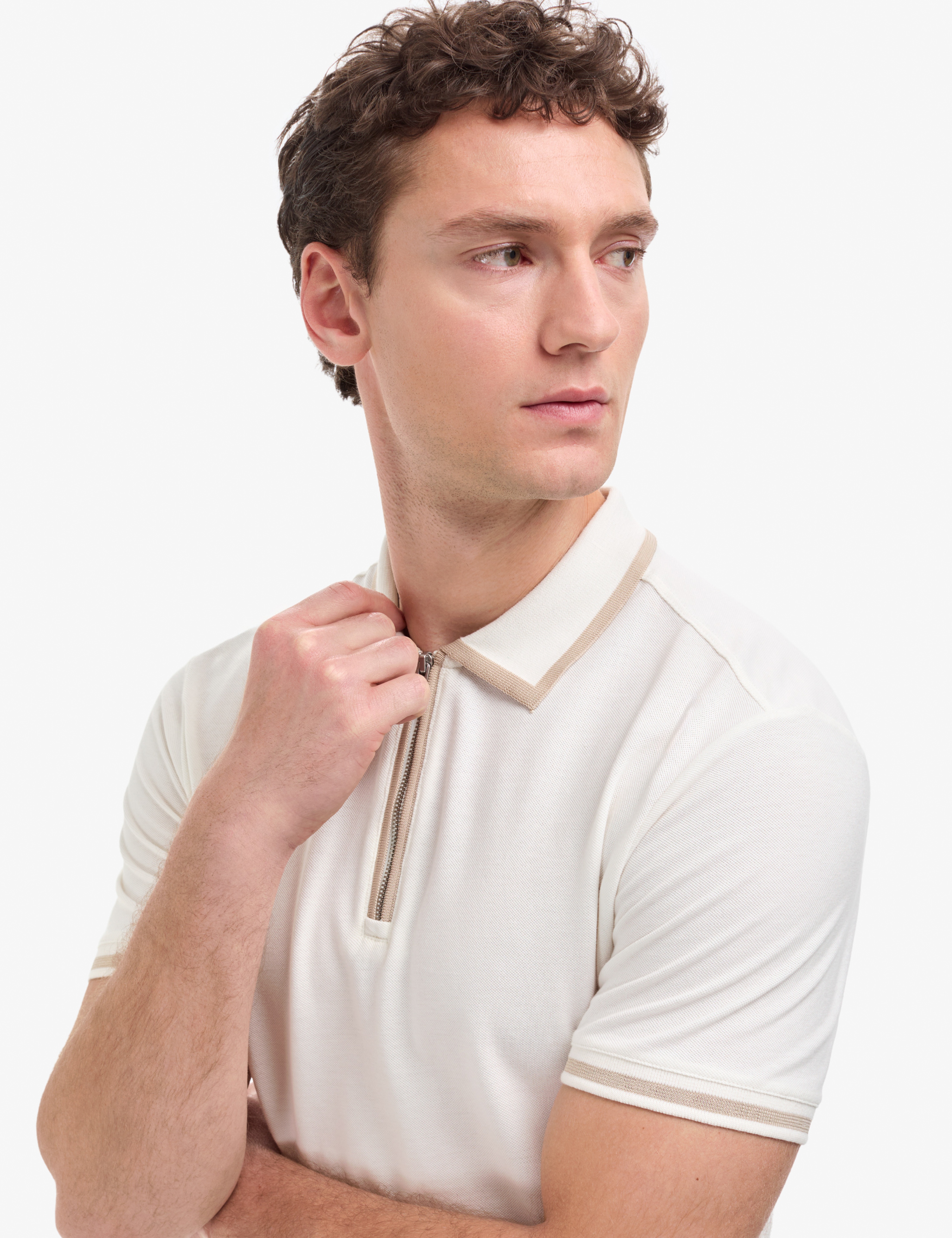 Ekru Slim Fit %100 Pamuk Fermuarlı Polo Yaka Tişört