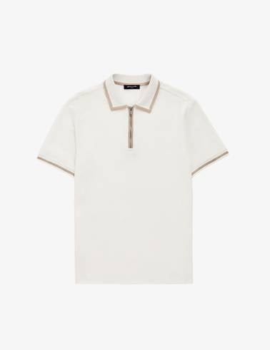Ekru Slim Fit %100 Pamuk Fermuarlı Polo Yaka Tişört
