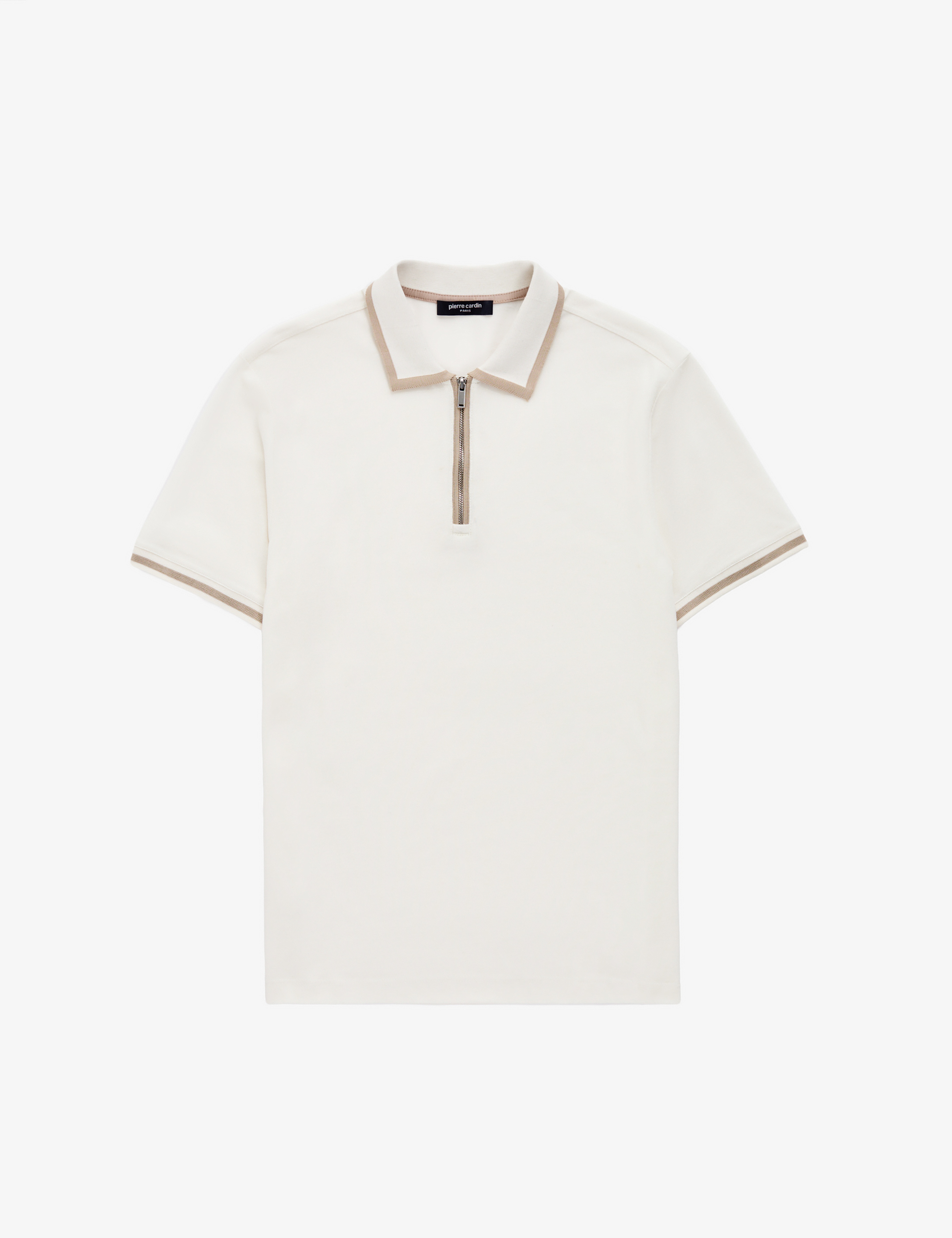 Ekru Slim Fit %100 Pamuk Fermuarlı Polo Yaka Tişört