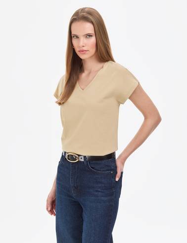 Bej Regular Fit V Yaka Basic Tişört