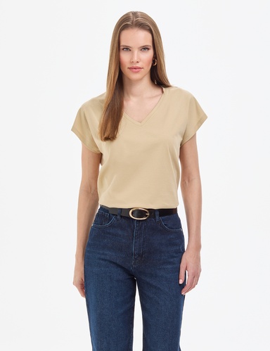 Bej Regular Fit V Yaka Basic Tişört