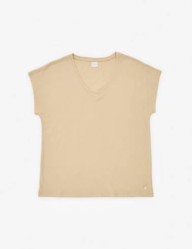 Bej Regular Fit V Yaka Basic Tişört